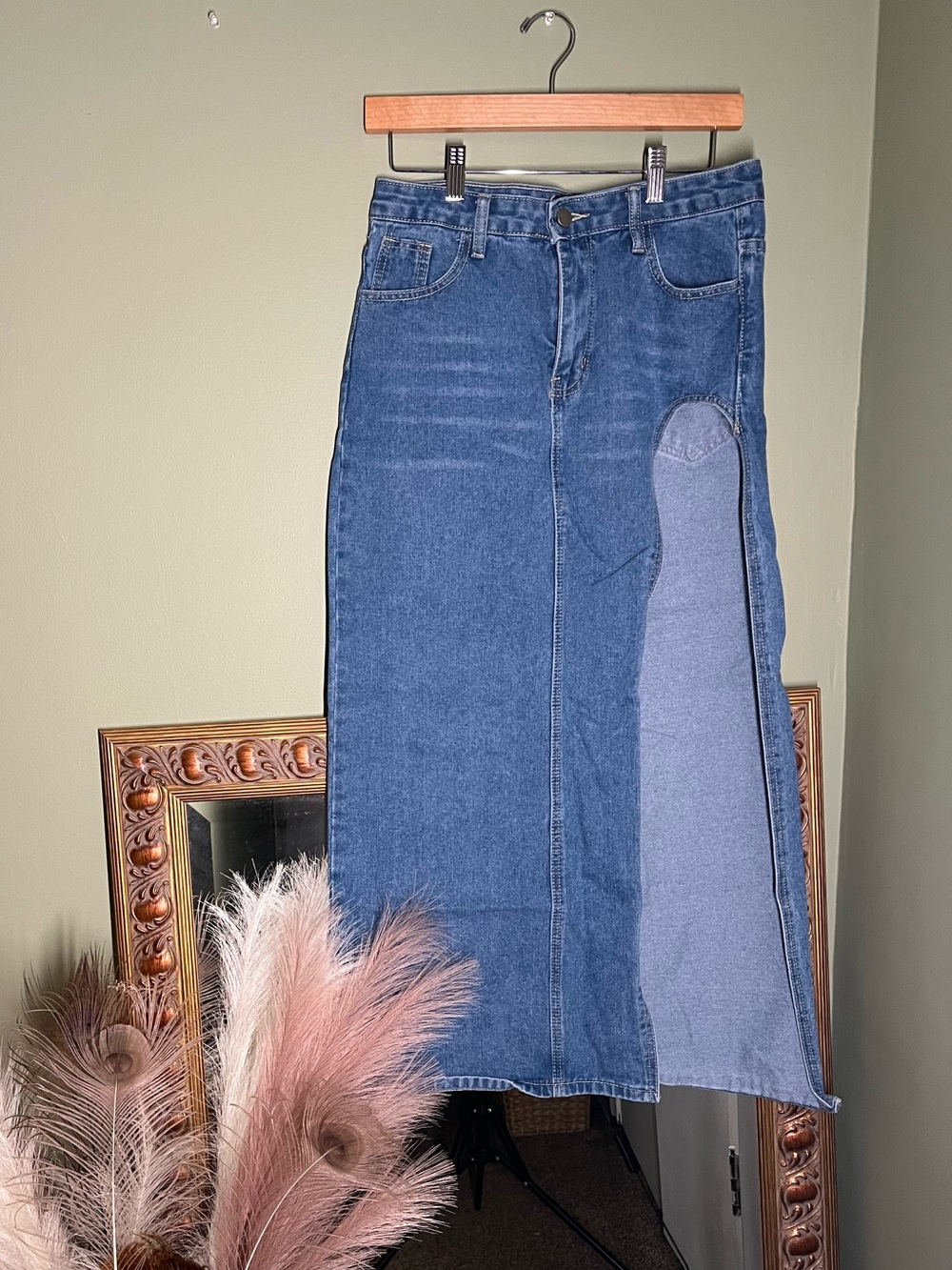 High-Rise Blue Denim Maxi Skirt with Side Panel